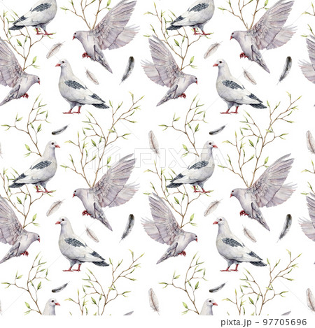 Watercolor seamless pattern with a white dove and branch. Hand painted pigeon bird and leaves isolated on white background. Easter illustration for design, print, fabric or background. Spring bird. Watercolor seamless pattern with a white dove and branch. Hand painted pigeon bird and leaves isolated on white background. Easter illustration for design, print, fabric or background. Spring bird. 97705696