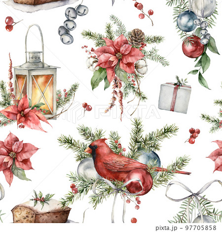 Watercolor Christmas seamless pattern with cardinal bird, lantern, poinsettia, cake and fir branches. Hand painted holiday illustration isolated on white background. For design, print, background. 97705858