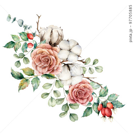 Watercolor autumn bouquet with roses, cotton, dogroses and eucalyptus branches. Hand painted rustic card isolated on white background. Floral illustration for design, print, fabric or background. 97705885