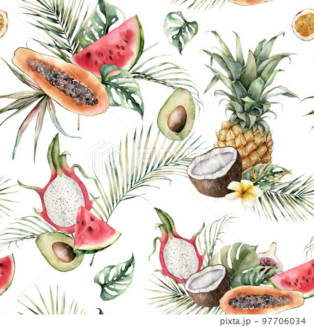 Watercolor tropical seamless pattern with pineapple, papaya, dragon fruit, watermelon and coconut. Hand painted fruits isolated on white background. Floral illustration for design, print, background. Watercolor tropical seamless pattern with pineapple, papaya, dragon fruit, watermelon and coconut. Hand painted fruits isolated on white background. Floral illustration for design, print, background. 97706034
