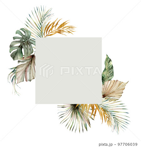Watercolor tropical frame with green and gold palm leaves. Hand painted exotic coconut, banana and monstera leaves isolated on white background. Floral illustration for design, print, background. 97706039
