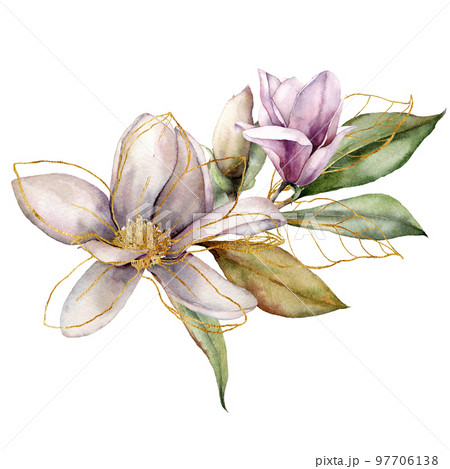 Watercolor bouquet with golden magnolias, leaves and branch. Hand painted floral card with flowers isolated on white background. Spring line art illustration for design, print, fabric or background. Watercolor bouquet with golden magnolias, leaves and branch. Hand painted floral card with flowers isolated on white background. Spring line art illustration for design, print, fabric or background. 97706138