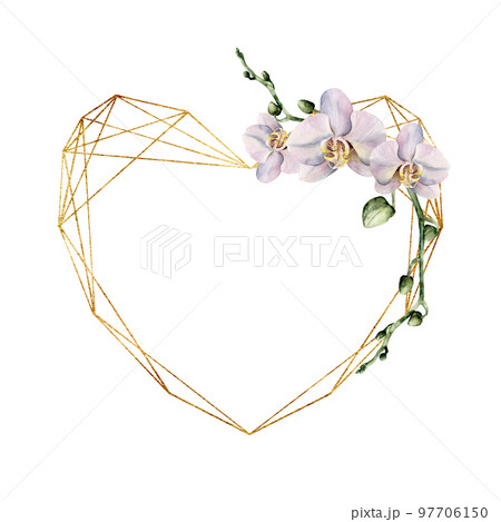 Watercolor gold frame with heart and white orchids. Hand painted polygonal border with flowers and leaves isolated on white background. Botanical illustration of love. Greeting template for design. 97706150