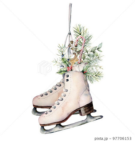 Watercolor skates with winter floral decor, candies. Hand painted fir branches, berries, holly and cookies isolated on white background. Christmas illustration for design, print, fabric or background. Watercolor skates with winter floral decor, candies. Hand painted fir branches, berries, holly and cookies isolated on white background. Christmas illustration for design, print, fabric or background. 97706153