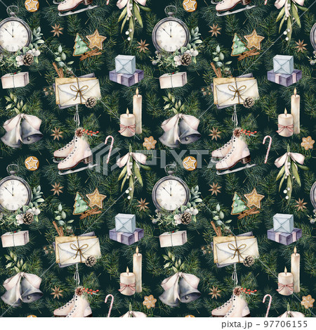 Watercolor Christmas seamless pattern with clock. Vintage illustration with envelope, candle and skates isolated on black background. Five minutes to twelve o'clock. For design, print, or background. 97706155