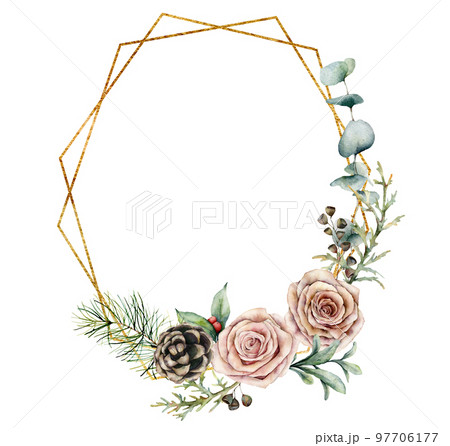 Watercolor Christmas polygonal frame with flowers. Hand painted rose, pine cone and branches isolated on white background. Greeting label template. Floral illustration for design, print or background. 97706177