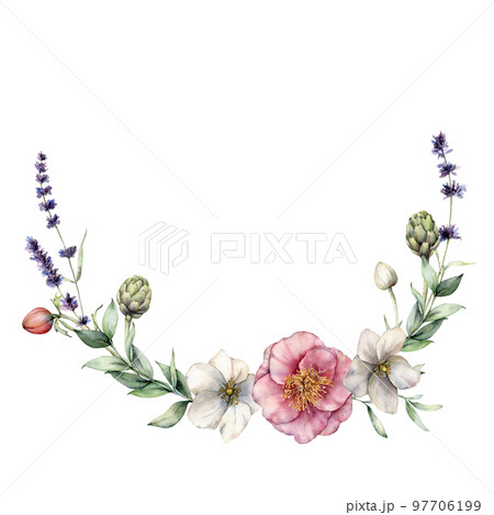 Watercolor floral wreath with anemones and lavender. Hand painted flowers, artichoke, buds and leaves isolated on white background. Spring illustration for design, print, fabric or background. Watercolor floral wreath with anemones and lavender. Hand painted flowers, artichoke, buds and leaves isolated on white background. Spring illustration for design, print, fabric or background. 97706199