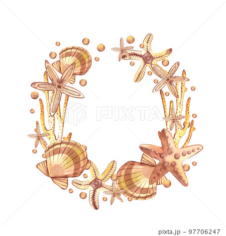 Wreath of shells, corals and starfish in beige on a white background. All elements are hand painted in watercolor. Suitable for printing, design, packaging, book 97706247