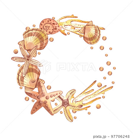 Wreath of shells, corals and starfish in beige on a white background. All elements are hand painted in watercolor. Suitable for printing, design, packaging, book 97706248