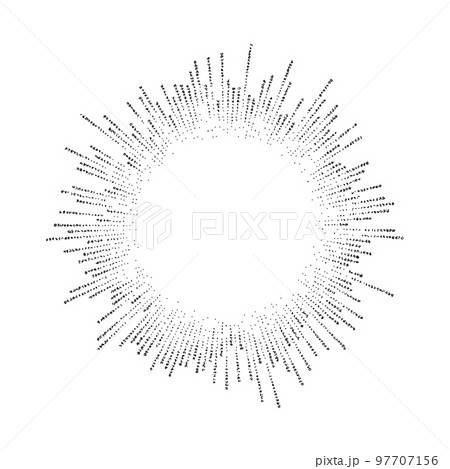 Dotted sunbeams round frame. Black grainy sunburst template. Textured stipple rays separator and divider. Vintage design elements for labels, badges. Dotted sunbeams round frame. Black grainy sunburst template. Textured stipple rays separator and divider. Vintage design elements for labels, badges. 97707156