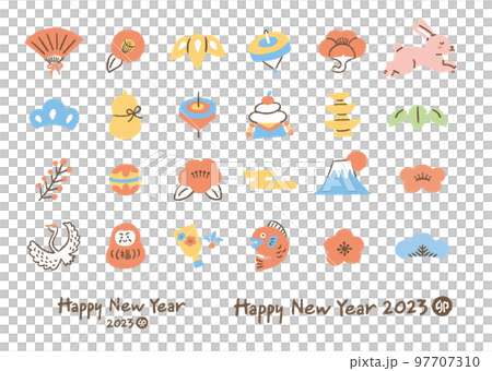 2023年_年賀状_卯年_素材_セット_色 97707310