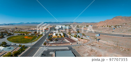 Aerial view of the Wendover city near Bonneville Salt Flats in Nevada. 97707355