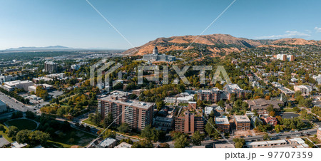 Aerial panoramic view of the Salt Lake City skyline Utah, USA. 97707359