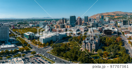Aerial panoramic view of the Salt Lake City skyline Utah, USA. 97707361