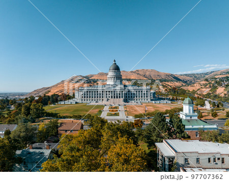 Aerial panoramic view of the Salt Lake City Capitol Building, USA 97707362
