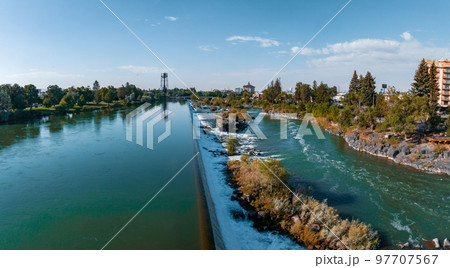 Aerial panoramic view of the waterfall in city of Idaho Falls, ID, USA. 97707567