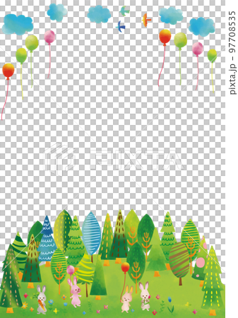 Scandinavian style rabbit, forest and sky (bird/balloon) frame vertical 97708535