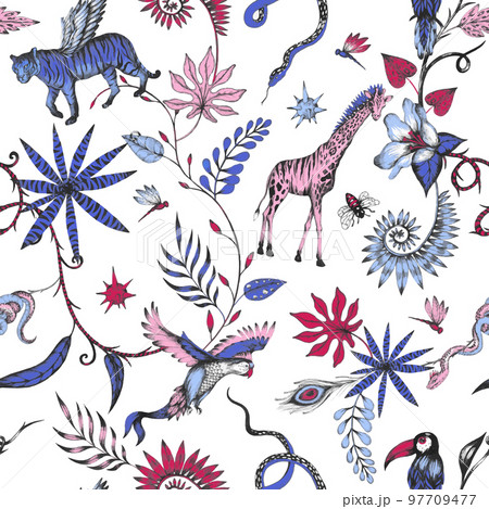 Beautiful vector trendy seamless pattern with hand drawn chimera animals birds insects and fantasy plants. Stock fashionable textile illustration. 97709477