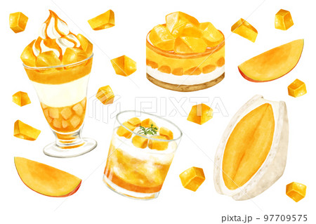 いろいろなマンゴーのスイーツイラストセット　水彩 97709575