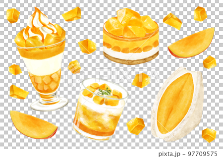 いろいろなマンゴーのスイーツイラストセット　水彩 97709575