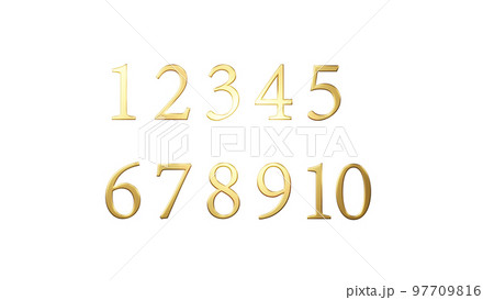 1，2，3，4，5，6，7，8，9，10の数字のセット。金色の数字。（PNG） 97709816
