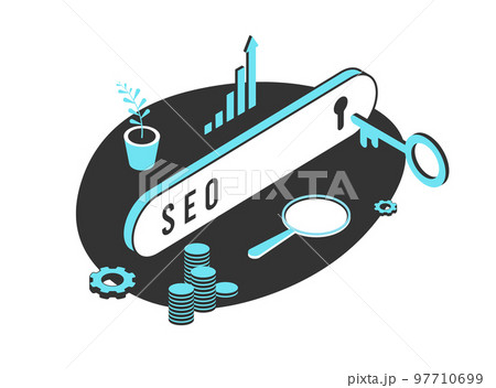 SEO - Search Engine Optimization concept. Digital marketing strategy. Search bar with keyhole and key as a metaphor for finding the right keywords and seo factor to get web site to the top 97710699