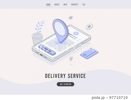Online delivery service e-commerce concept. Smartphone with delivery order processes and confirm button. Same-day local on-demand courier delivery app. Outline vector business landing page template. 97710710