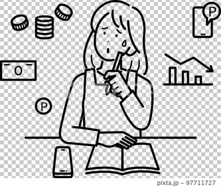Illustration of a woman keeping a household account book while worrying about her finances (line drawing only) Illustration of a woman keeping a household account book while worrying about her finances (line drawing only) 97711727