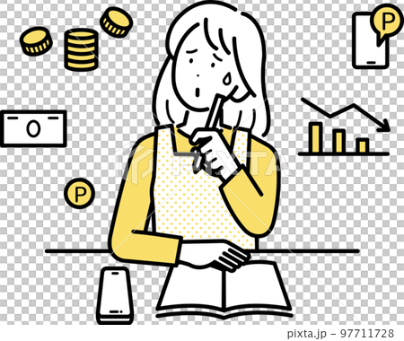 Illustration of a woman keeping a household account book while worrying about her household budget 97711728