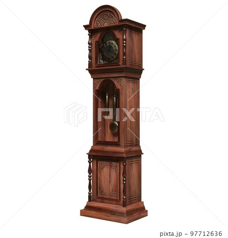 Vintage wooden clock isolated on white background. 3D illustration 97712636