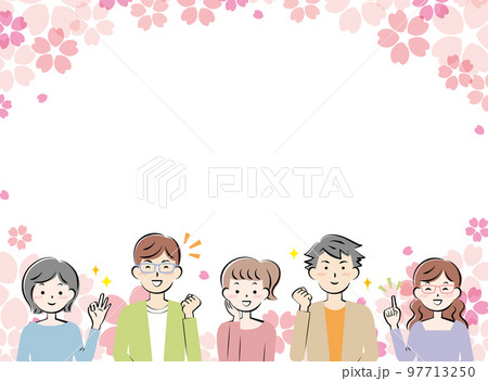 桜とカジュアル姿の若い男女のフレーム 笑顔 桜とカジュアル姿の若い男女のフレーム 笑顔 97713250