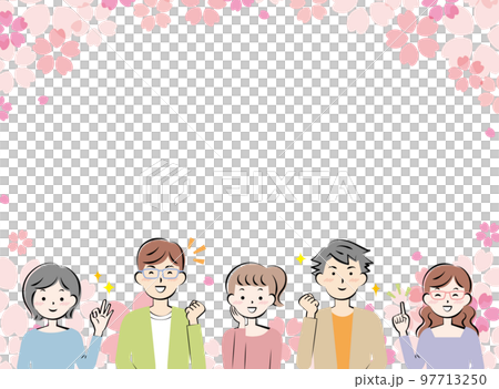 桜とカジュアル姿の若い男女のフレーム 笑顔 桜とカジュアル姿の若い男女のフレーム 笑顔 97713250