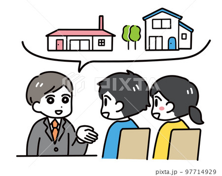 営業マンと家のことを笑顔で話す私服の男女 営業マンと家のことを笑顔で話す私服の男女 97714929