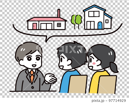 営業マンと家のことを笑顔で話す私服の男女 営業マンと家のことを笑顔で話す私服の男女 97714929