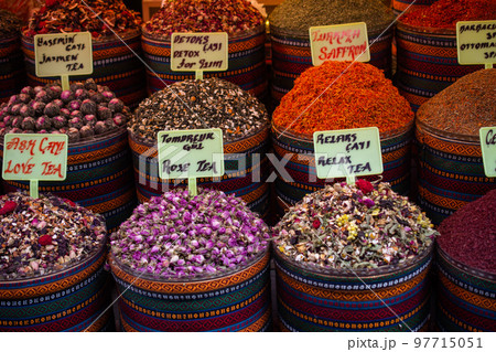 Dried tea, fruits, herbs, flowers at Istanbul Spice Bazaar Dried tea, fruits, herbs, flowers at Istanbul Spice Bazaar 97715051