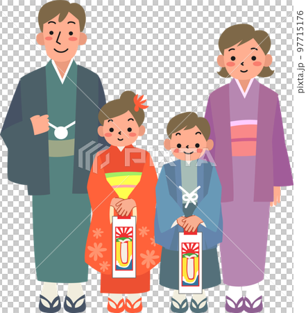 七五三詣でをする4人家族 97715176