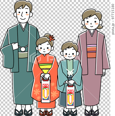 七五三詣でをする4人家族 97715180