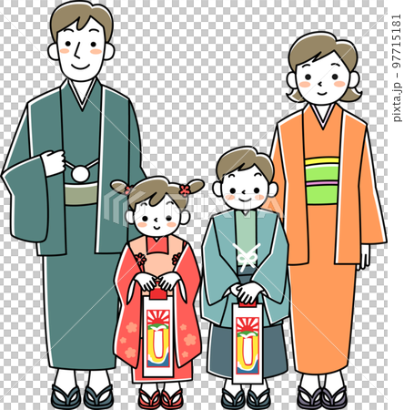 七五三詣でをする4人家族 七五三詣でをする4人家族 97715181
