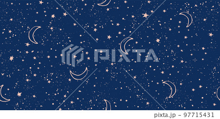 Seamless celestial pattern with stars and moon on blue sky, astrological background for zodiac signs, vector tarot art. Magic Space background Seamless celestial pattern with stars and moon on blue sky, astrological background for zodiac signs, vector tarot art. Magic Space background 97715431