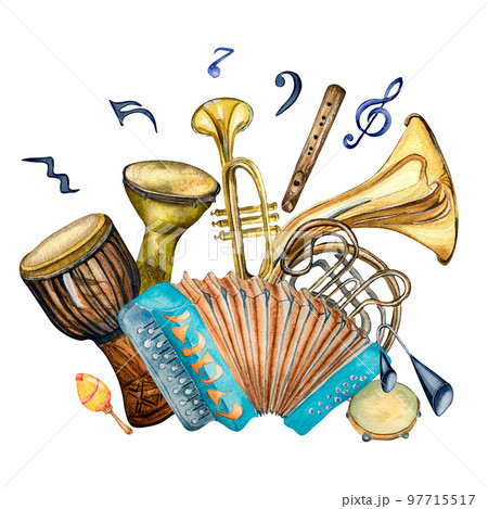 Composition of jazz musical instruments and symbol watercolor illustration isolated. 97715517