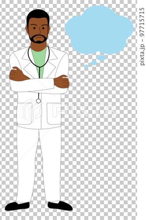 雙臂交叉的黑人醫生和一組對話泡泡 雙臂交叉的黑人醫生和一組對話泡泡 97715715