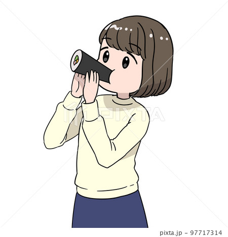 恵方に向かって節分の恵方巻きを食べる女性 97717314
