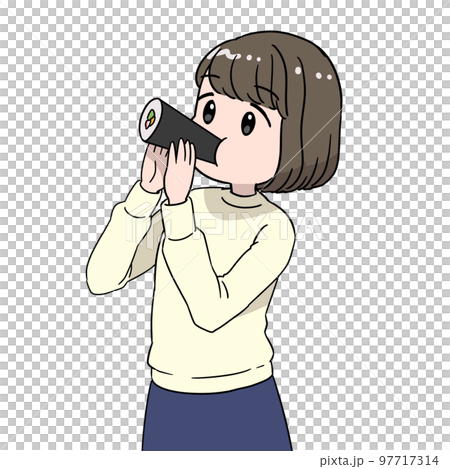 恵方に向かって節分の恵方巻きを食べる女性 97717314