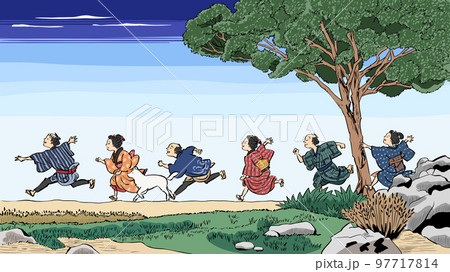 和風イメージ　るんるん気分で走る人　背景あり 97717814