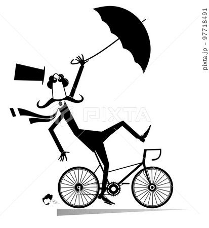 Rainy and windy day and man rides a bike illustration.  Strong wind and rain. Cycling long mustache man in the top hat loses his hat and umbrella. Black on white 97718491