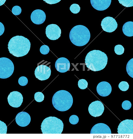 Seamless pattern blue circles. Polka dots. Watercolor illustration. Isolated on a black background. For the design fabrics, clothes, stationery, etc Seamless pattern blue circles. Polka dots. Watercolor illustration. Isolated on a black background. For the design fabrics, clothes, stationery, etc 97718772