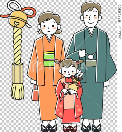 着物を着て初詣をする家族 97719306