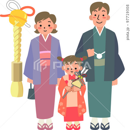 着物を着て初詣をする家族 97719308