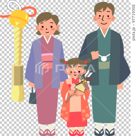 着物を着て初詣をする家族 97719308