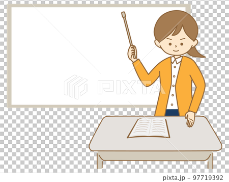 一位身穿開衫並手持教鞭在白板前講話的女士 97719392